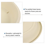 Close-up detail panels of a beige plastic saucer highlighting padded base nibs and rim with short descriptive callouts