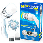 White Bell+Howell Scrubtastic Max handheld power scrubber with two brush heads and product box on white background.