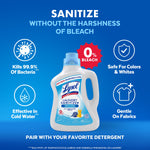 Blue infographic highlighting benefits like kills 99.9% of bacteria, 0% bleach and gentle on fabrics with a Lysol Laundry Sanitizer bottle.