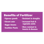 Purple information panel titled Benefits of Fertilizer listing benefits like vigorous growth and bigger blooms