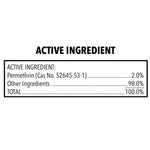 Active ingredient panel listing Permethrin 2.0% and other ingredients totaling 100%