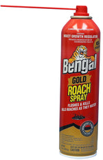 Bengal Gold Roach Spray aerosol can with long red straw extension attached, shown upright on white background.