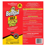 Red product label back panel for Bengal Gold Roach Spray showing usage, warnings and ingredients text.