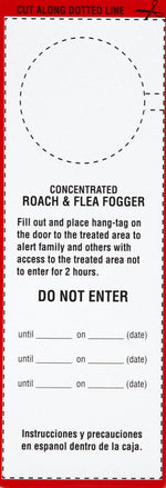 Hang-tag template with cut-out circle and text instructing "Concentrated Roach & Flea Fogger" and DO NOT ENTER