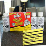 Lifestyle-style photo of Bengal Roach & Flea Fogger box displayed with three fogger cans and callout text