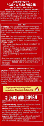 Red product label panel showing precautionary statements and first aid instructions for Roach & Flea Fogger