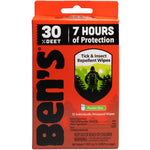 Studio product shot of an upright orange Ben's box labeled 30% DEET, 7 hours of protection, 12 individually wrapped wipes