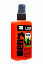 Angled view of an orange Ben's 30% DEET pump spray bottle with clear cap and product label visible