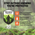 Informational lifestyle-style graphic highlighting Ben's 30% DEET benefits and pump-spray, over a blurred forest background