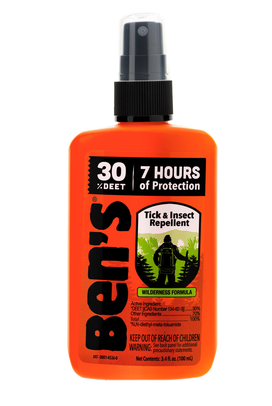 Front-facing orange Ben's insect repellent pump bottle showing 30% DEET and wilderness formula label
