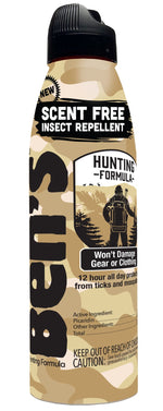Camo-pattern aerosol can of Ben's scent free hunting formula insect repellent with black cap on white background