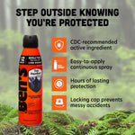 Ben's tick repellent bottle at left with infographic text listing CDC-recommended ingredient and spray features over a forest background.