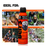 Ben's tick repellent can centered over four lifestyle photos labeled backyard fun, gardening, camping, and hiking.