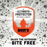 Ben's branded shield graphic with hiker silhouette and surrounding insect illustrations, headline 'Ultimate Protector'