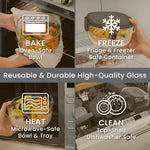 Four-panel infographic showing oven-safe, freezer-safe, microwave-safe and dishwasher-safe uses for the Bentgo glass salad container