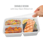 Hand lifting the clear ribbed lid of a lilac Bentgo Prep 3-compartment container filled with salmon, grains and dried fruit