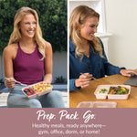 Split lifestyle image of a woman eating from a blush pink two-compartment meal prep container at outdoors and at a desk.