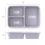 Top-down product diagram of a lilac Bentgo Prep 3-compartment container showing dimensions and cup capacities printed in compartments