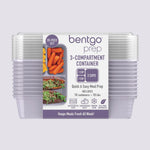 Packaged stack of lilac Bentgo Prep 3-compartment containers wrapped with product sleeve showing branding and features