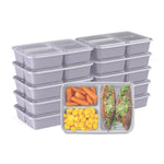 Multiple stacked lilac Bentgo Prep containers with a front container filled with carrots, mango and stuffed sweet potato