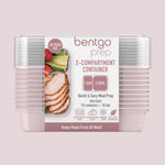 Retail-style pack of stacked blush pink two-compartment containers with clear lids and a paper sleeve labeled 'bentgo prep'.