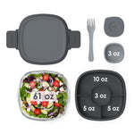 Top-down layout of Bentgo salad container components: lid, fork, sauce cup, clear bowl with salad and removable compartment tray with ounce markings