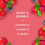 Flat lay of strawberries, raspberries and blackberries with text 'Berry & Bramble' and listed berries on a coral background