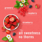 Flat-lay of strawberries, raspberries and blackberries with copy calling out 'all sweetness no thorns'