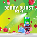Colorful promotional image of Scrubbing Bubbles berry burst aerosol can and cute blue brush with text announcing "Berry Burst" scent.