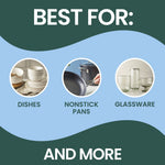 Illustration titled ‘Best For’ showing dishes, nonstick pans and glassware as recommended uses for the dishwand