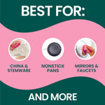 Illustrated panel titled “BEST FOR:” with icons and captions for china & stemware, nonstick pans, mirrors & faucets