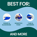 Graphic panel titled 'Best For:' showing three circular images of a blue Scotch-Brite pad used on dishes, pans, and tubs with short labels.