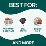 Graphic panel reading “BEST FOR:” with icons and labels for uncoated cookware, grill grates, and broiler pans