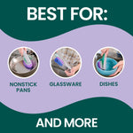 Purple-themed graphic panel showing 'BEST FOR' with three circular photos illustrating nonstick pans, glassware and dishes
