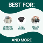 Informational graphic titled 'Best For:' showing cookware, grill grates and broiler pans uses for scrubbers