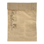 Flat brown paper compactor bag laid out showing folded cuff and printed removal/closing instructions
