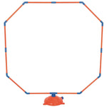 Octagonal orange and blue plastic sprinkler frame with orange dome base on white background.