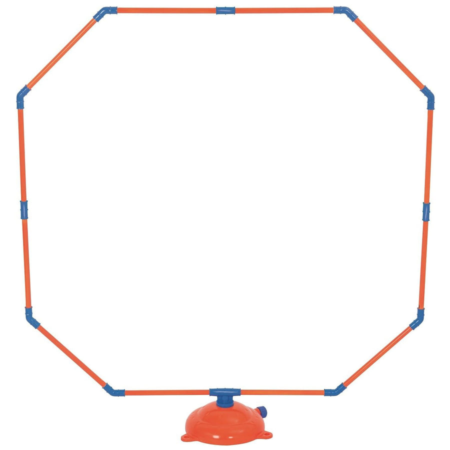 Octagonal orange and blue plastic sprinkler frame with orange dome base on white background.