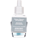 Clear glass refill bottle with pale blue oil and a white screw cap label reading Seaside Showers