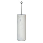 Tall cylindrical white faux marble toilet brush holder with chrome handle, isolated on white
