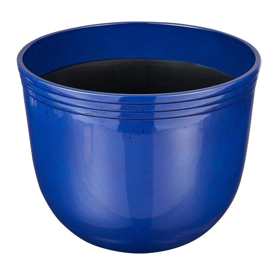 Glossy royal-blue Better Homes & Gardens plastic planter shown at an angled front view, rounded shape and ribbed rim details.