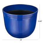 Glossy blue planter with measurement guides showing 16" width and 12.45" height, ribbed rim and black interior.