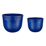 Pair of glossy blue plastic planters, one larger and one smaller, shown side by side on a white background.