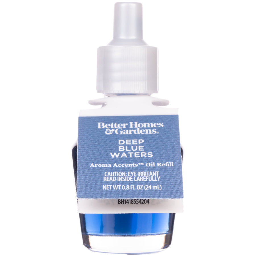 Close-up of a Better Homes & Gardens Deep Blue Waters oil refill bottle with blue liquid and a white cap