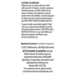 Product caution and material content text label describing eye irritant warning and Better Homes & Gardens trademark and contact details