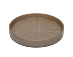 Angled view of a round Better Homes & Gardens gray-brown ceramic planter saucer showing raised radial ridges and speckled glaze.