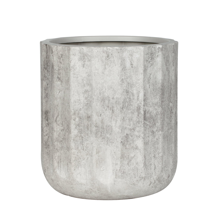 Gray textured modern gypsum planter with rounded base and fluted vertical panels, empty top view