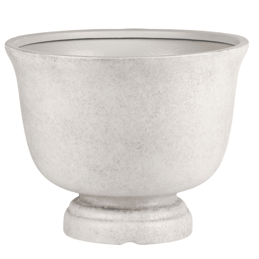 Textured light-gray gypsum urn planter on a white background, front view