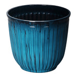 Glossy aqua ribbed round planter with dark interior and vertical textured drip detailing
