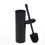 Matte black metal toilet brush and cylindrical holder with brush removed, shown on white background